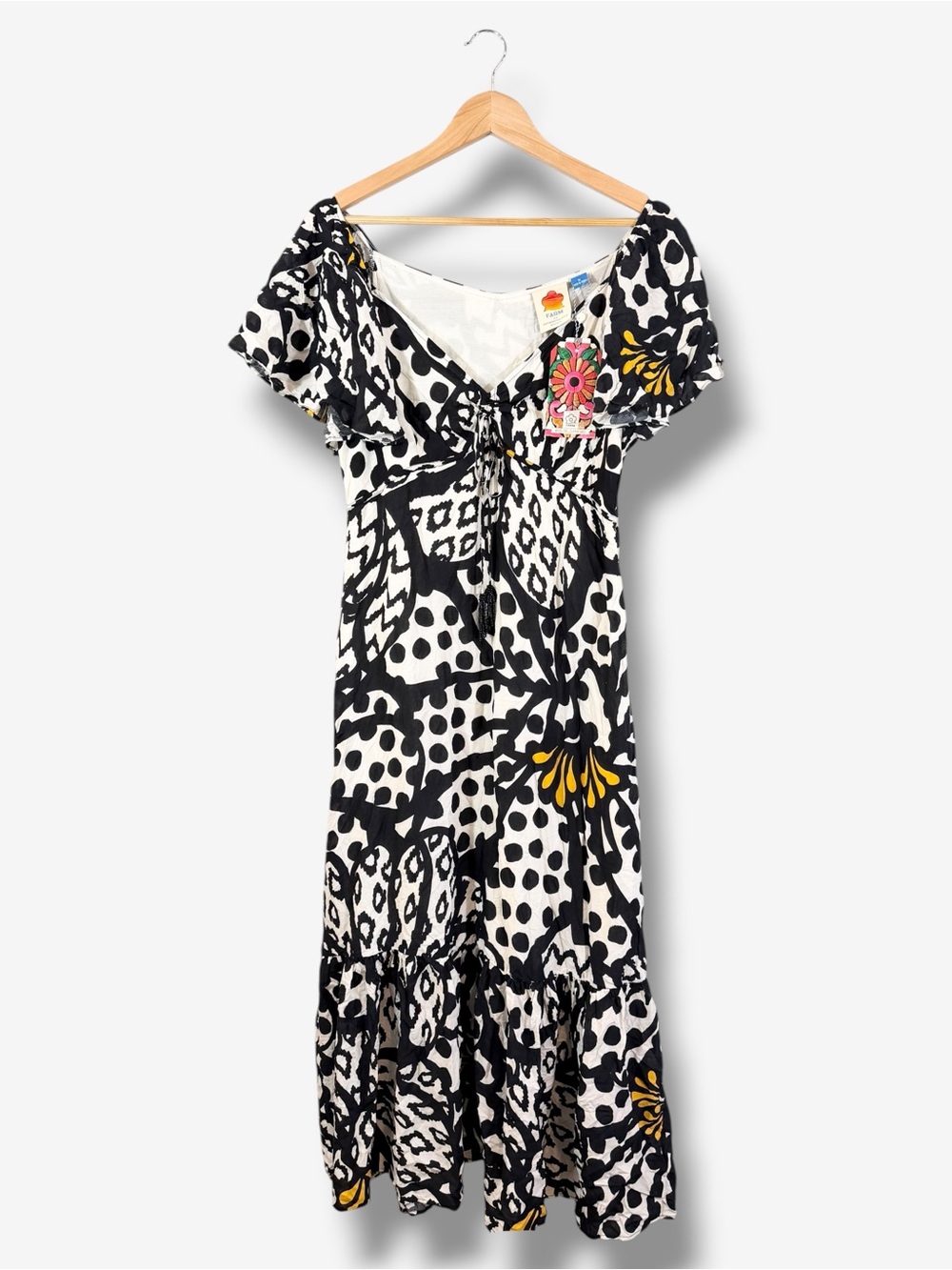 Anthropologie Farm Rio Flutter Sleeve Maxi Dress Size M Black White Floral Dot